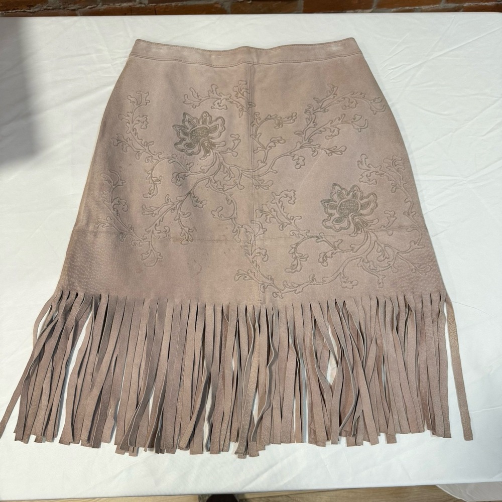Lili Le Rose Collection Leather Fringe Skirt Floral‎ Embroidery Size 12
